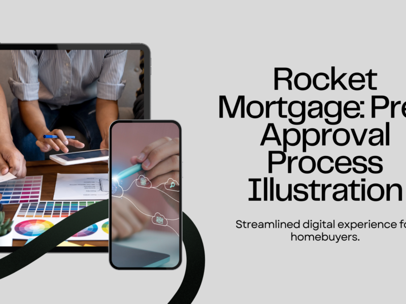 Illustration of the Rocket Mortgage pre-approval process with a digital platform interface.